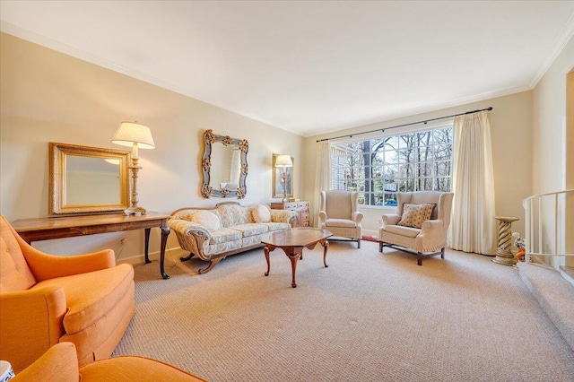 carpeted living room with crown molding