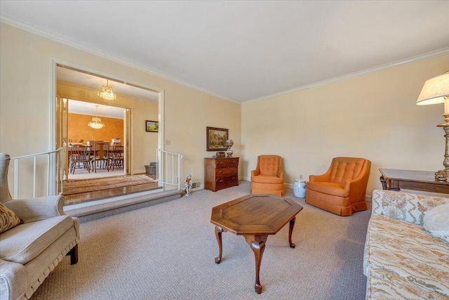 carpeted living room with ornamental molding