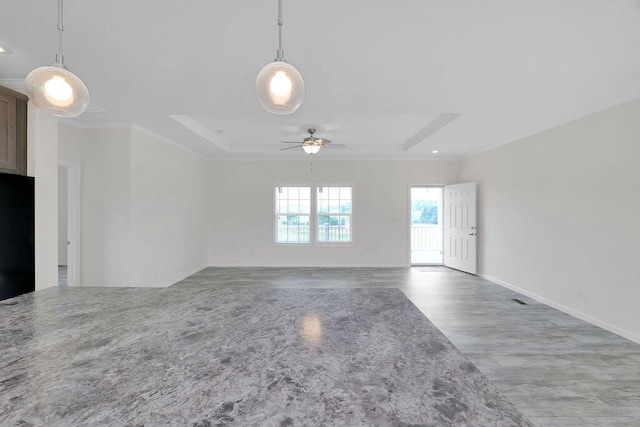 interior space with ceiling fan, a tray ceiling, and hardwood / wood-style flooring