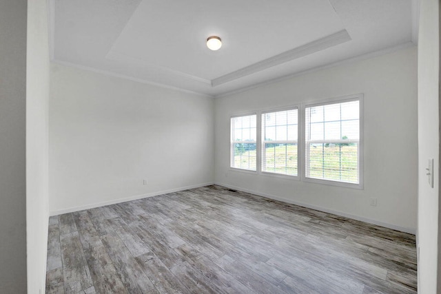 unfurnished room featuring a tray ceiling, light hardwood / wood-style floors, and crown molding