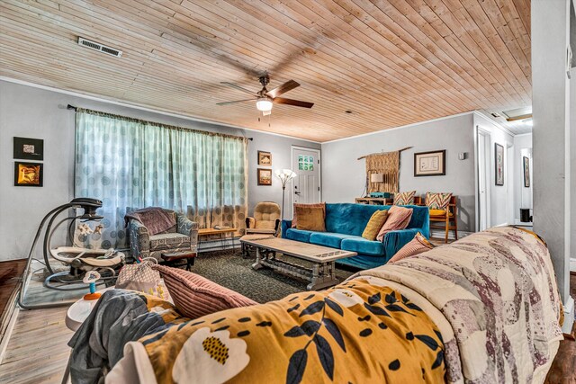 living room featuring crown molding, wood ceiling, hardwood / wood-style floors, and ceiling fan