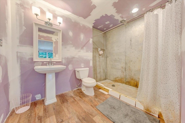 bathroom featuring sink, toilet, hardwood / wood-style flooring, and curtained shower