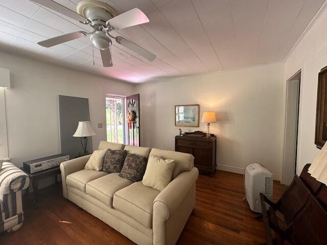 living room featuring ceiling fan and dark wood-type flooring