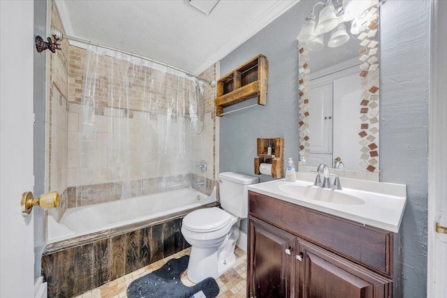 full bathroom featuring vanity, shower / bath combination with curtain, crown molding, toilet, and tile patterned floors