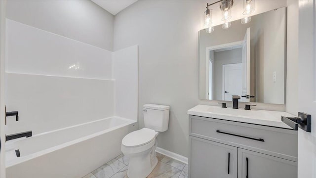 full bath with baseboards, bathing tub / shower combination, toilet, marble finish floor, and vanity