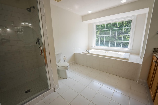 full bathroom with separate shower and tub, vanity, toilet, and tile patterned floors