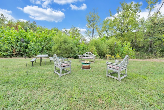 view of yard with a fire pit