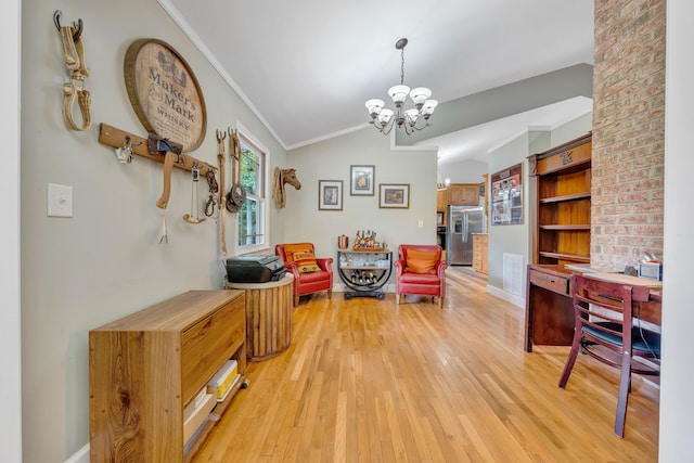 interior space featuring ornamental molding, vaulted ceiling, light hardwood / wood-style floors, and a notable chandelier