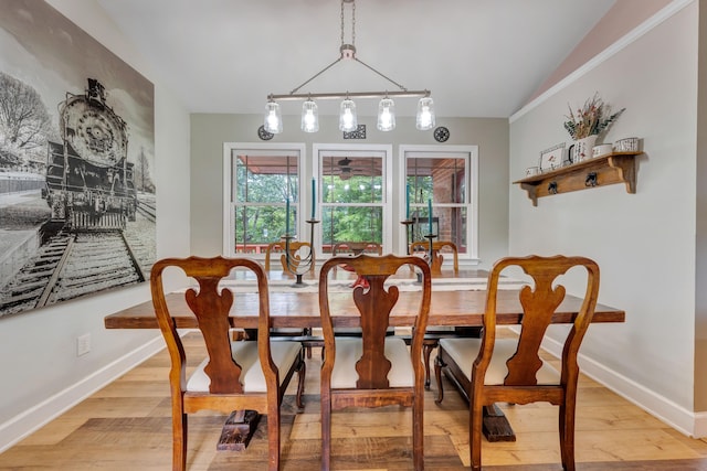 dining area with lofted ceiling, light hardwood / wood-style floors, and rail lighting