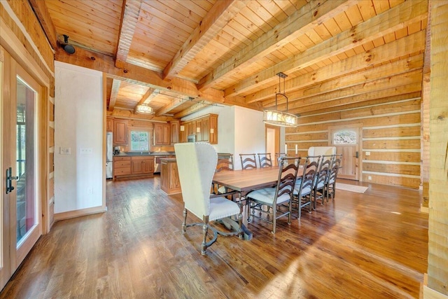 dining room with wood ceiling, beam ceiling, light hardwood / wood-style floors, and a wealth of natural light