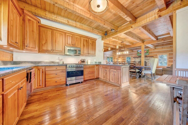 kitchen with wood ceiling, beamed ceiling, light hardwood / wood-style flooring, appliances with stainless steel finishes, and decorative light fixtures