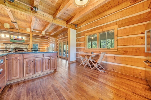 kitchen featuring dark stone countertops, decorative light fixtures, hardwood / wood-style floors, and wood ceiling