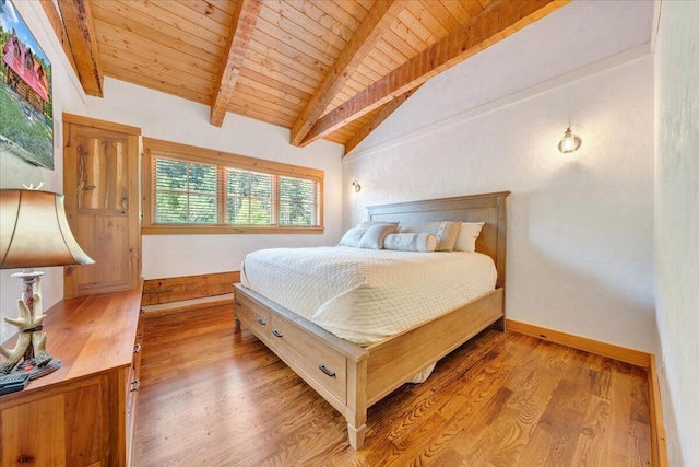 bedroom with lofted ceiling with beams, light wood-type flooring, and wooden ceiling