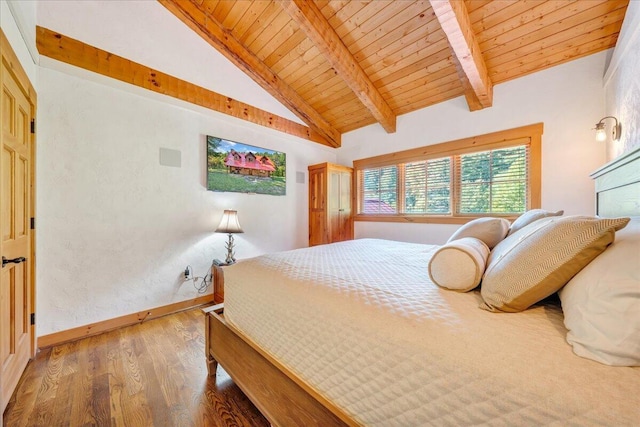 bedroom featuring wood-type flooring, lofted ceiling with beams, and wooden ceiling