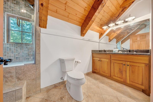 bathroom with vaulted ceiling with beams, wooden ceiling, vanity, and toilet