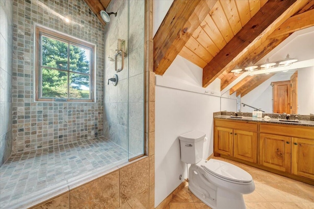 full bathroom featuring vaulted ceiling with beams, wood ceiling, toilet, and shower with separate bathtub