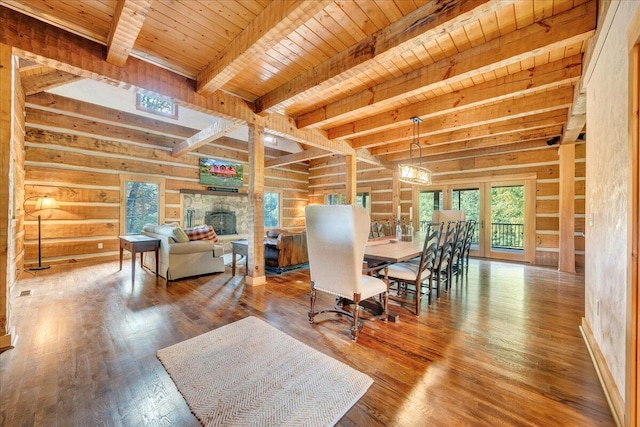 dining space with a stone fireplace, wooden ceiling, wood-type flooring, beam ceiling, and wooden walls