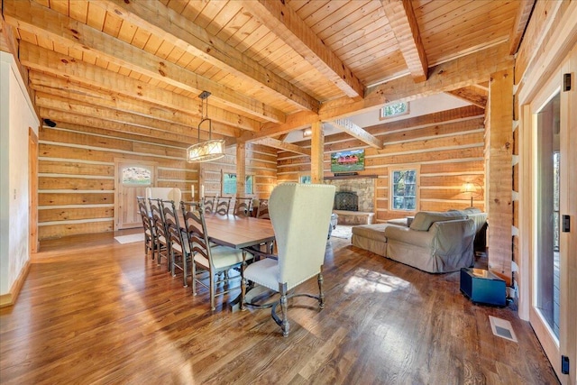 dining area with hardwood / wood-style flooring, wood ceiling, plenty of natural light, and beam ceiling