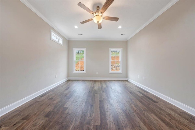 unfurnished room featuring dark hardwood / wood-style flooring, ceiling fan, and crown molding