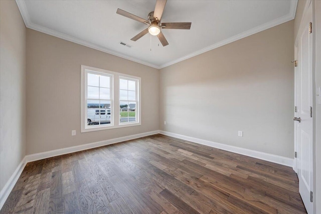 unfurnished room with crown molding and dark wood-type flooring