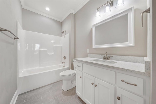 full bathroom featuring vanity, bathtub / shower combination, tile patterned floors, toilet, and ornamental molding