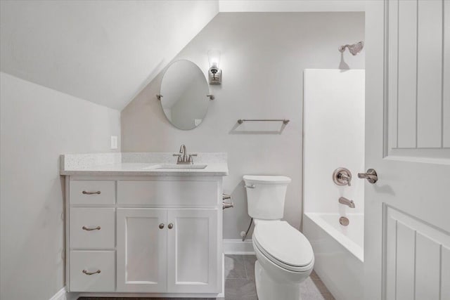 full bathroom with vanity,  shower combination, lofted ceiling, tile patterned floors, and toilet