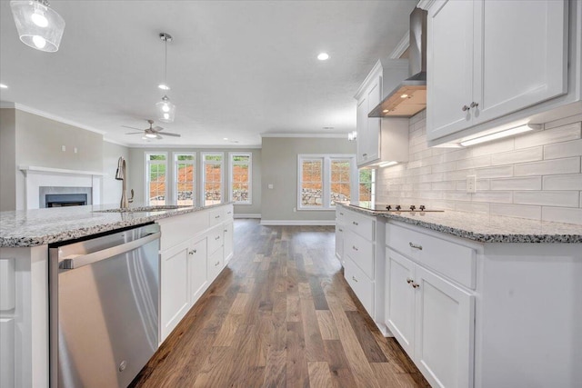 kitchen featuring pendant lighting, dishwasher, ornamental molding, a large island, and white cabinetry