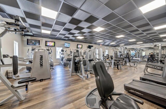 workout area featuring hardwood / wood-style flooring