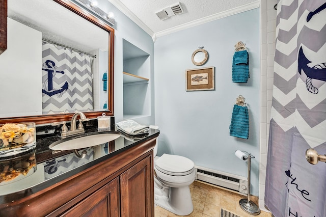 bathroom featuring vanity, a textured ceiling, baseboard heating, crown molding, and toilet