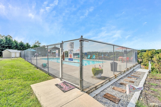 view of pool featuring a yard, a shed, and a patio area