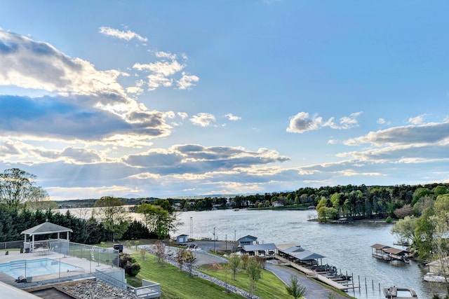 property view of water with a gazebo