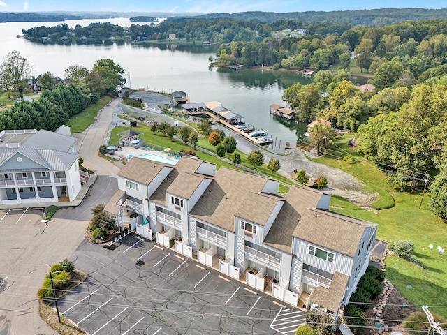 drone / aerial view with a water view