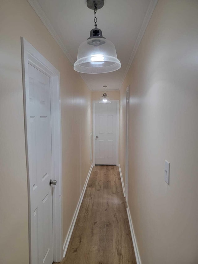 hallway featuring crown molding and light hardwood / wood-style flooring