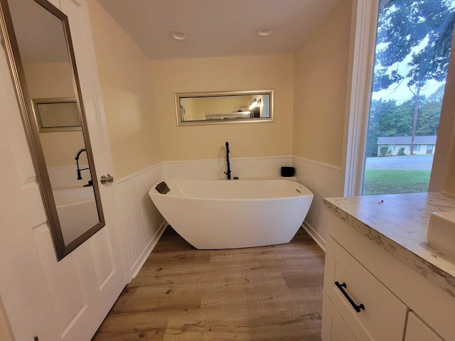 bathroom featuring wood-type flooring, a bath, and vanity