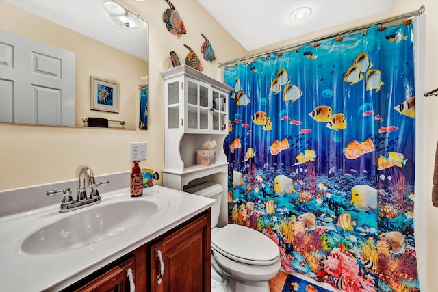 bathroom with vanity, toilet, and a shower with shower curtain