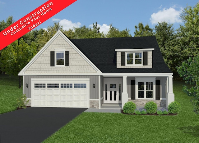 view of front of home with driveway, a front yard, a garage, a shingled roof, and stone siding