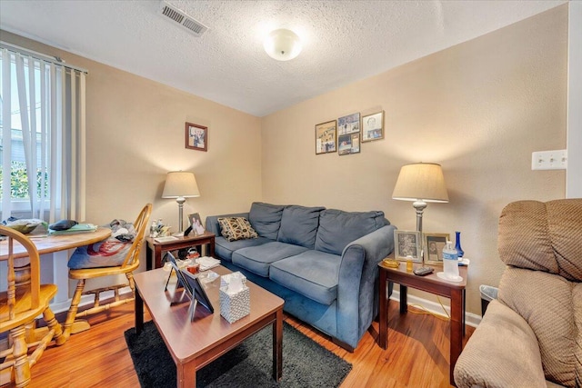 living room featuring a textured ceiling and light hardwood / wood-style flooring