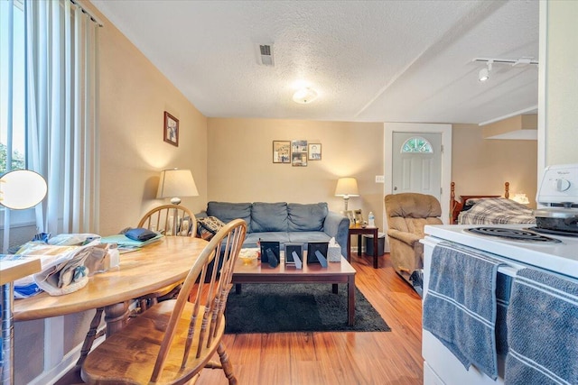 living room with a textured ceiling, rail lighting, and light hardwood / wood-style flooring