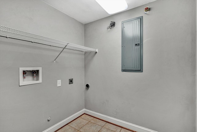 laundry area featuring hookup for a washing machine, light tile patterned floors, hookup for a gas dryer, electric dryer hookup, and electric panel