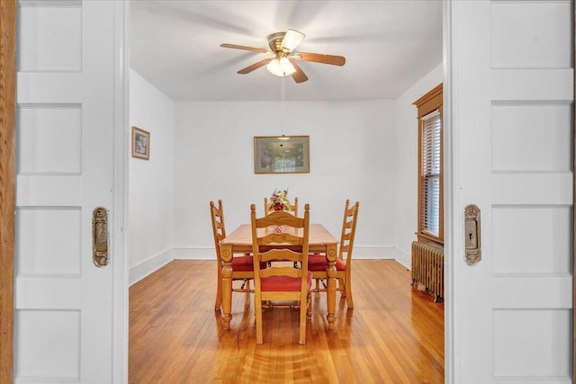 dining area with light hardwood / wood-style flooring, radiator heating unit, and ceiling fan