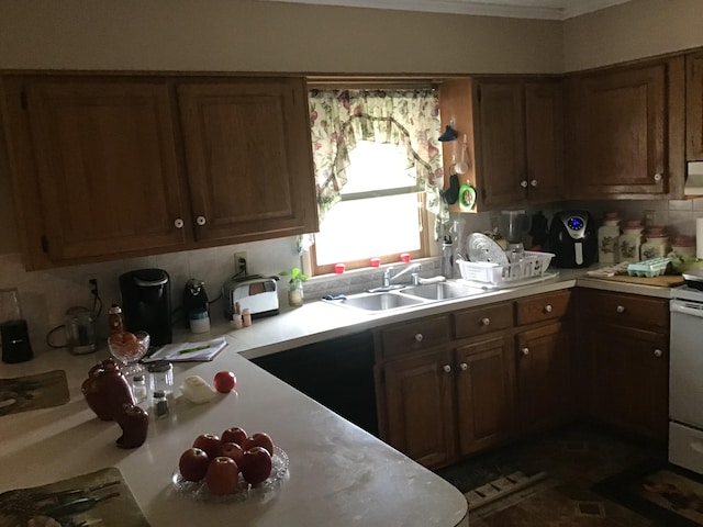 kitchen featuring ornamental molding, backsplash, and sink