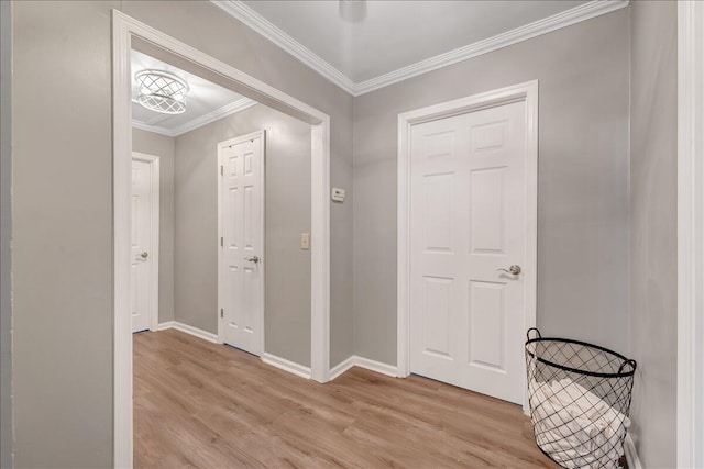 hall featuring crown molding and light hardwood / wood-style flooring