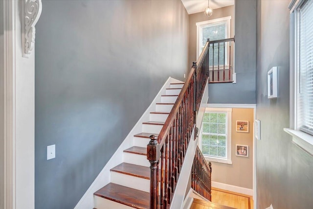 staircase with wood-type flooring and a wealth of natural light