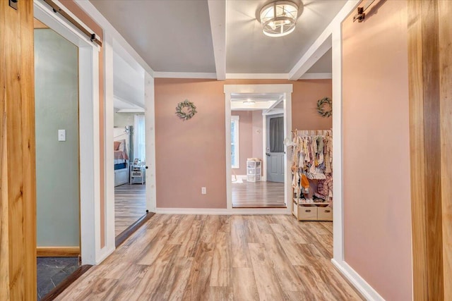 hallway with a barn door and light hardwood / wood-style floors