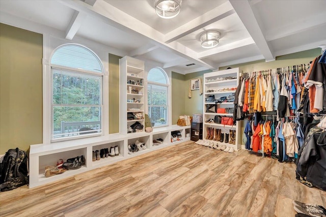 spacious closet featuring beam ceiling and wood-type flooring