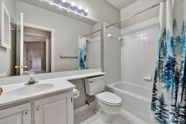 full bathroom featuring tile patterned flooring, shower / bath combination with curtain, vanity, and toilet