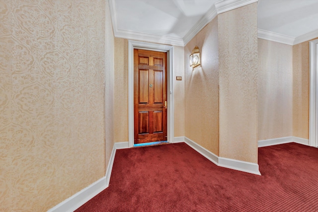 corridor with dark carpet and ornamental molding