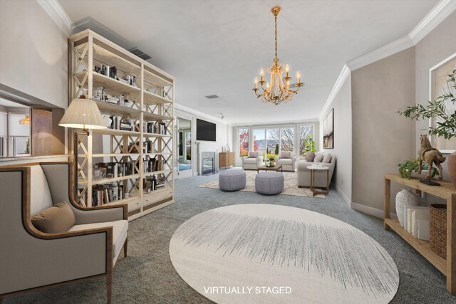 living area featuring ornamental molding, dark carpet, and an inviting chandelier