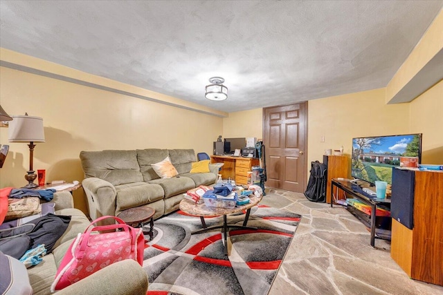 carpeted living room with a textured ceiling