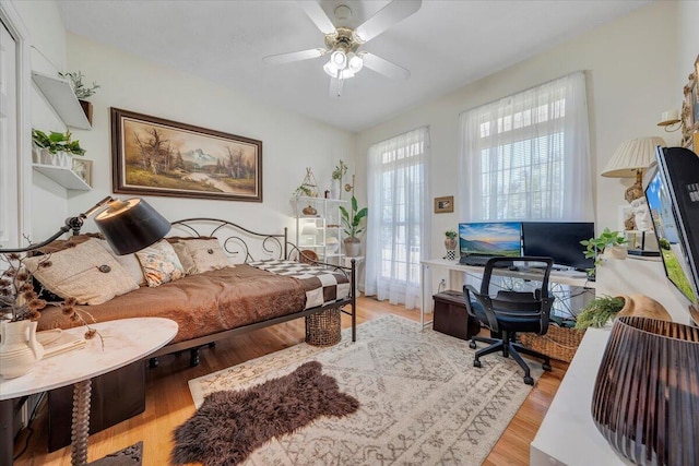 office with hardwood / wood-style flooring and ceiling fan